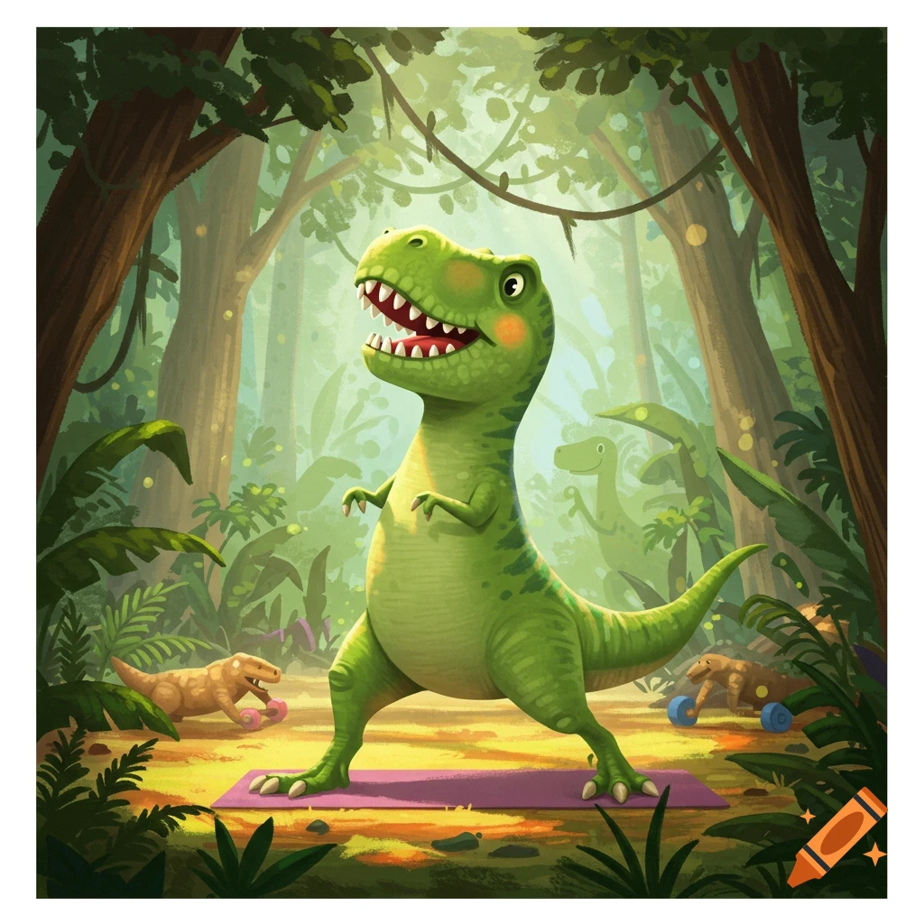 Cartoon dinosaur doing yoga in a jungle with other dinosaurs exercising