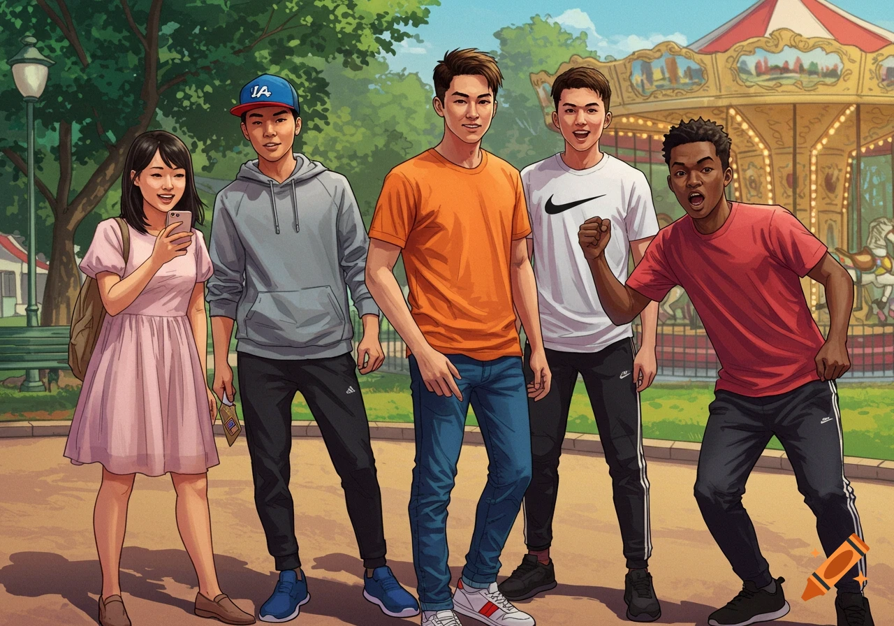 Five young friends in anime style stand together in a park with a carousel.