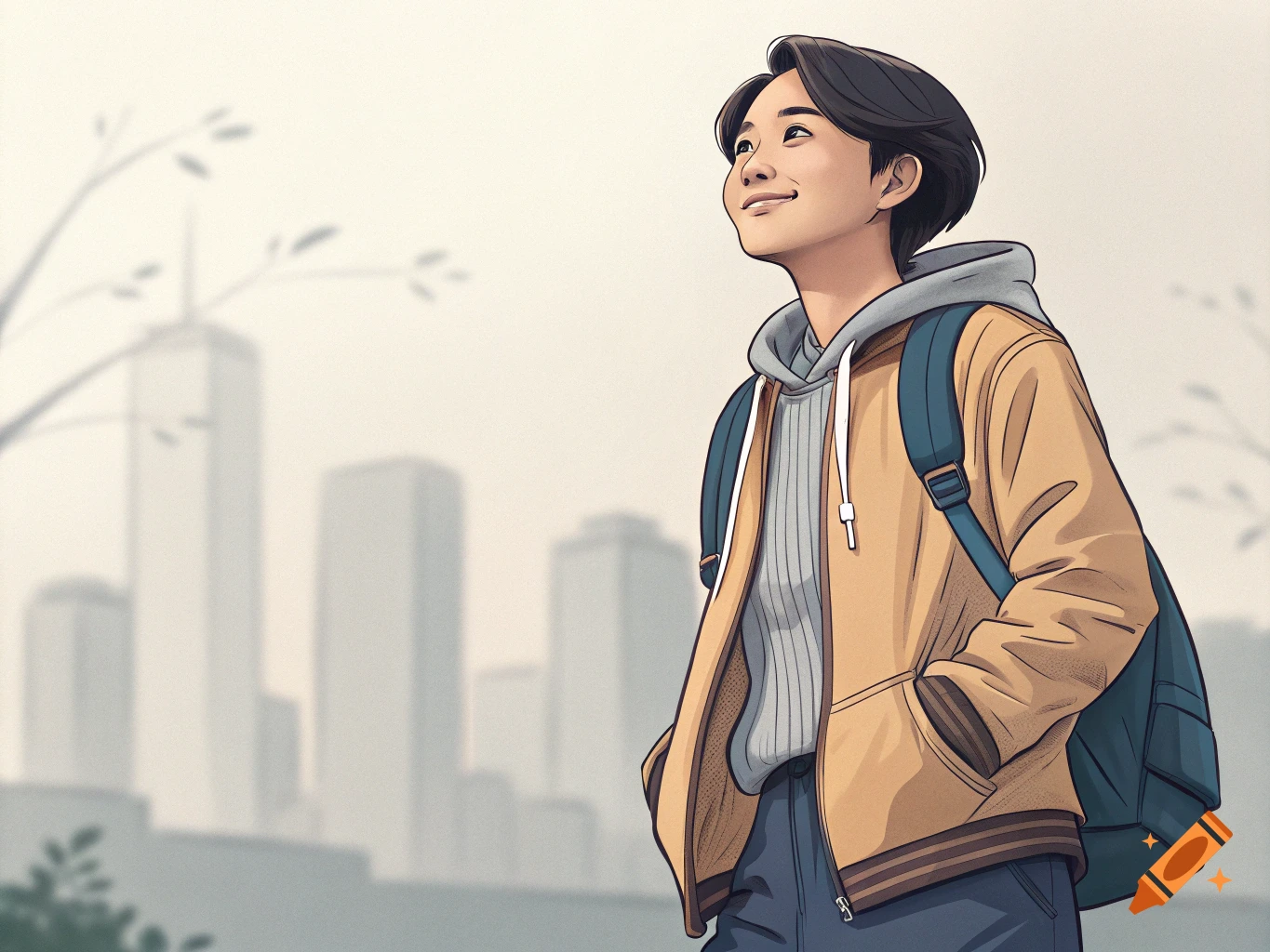 Illustration of a young person with a backpack looking up at a cityscape.