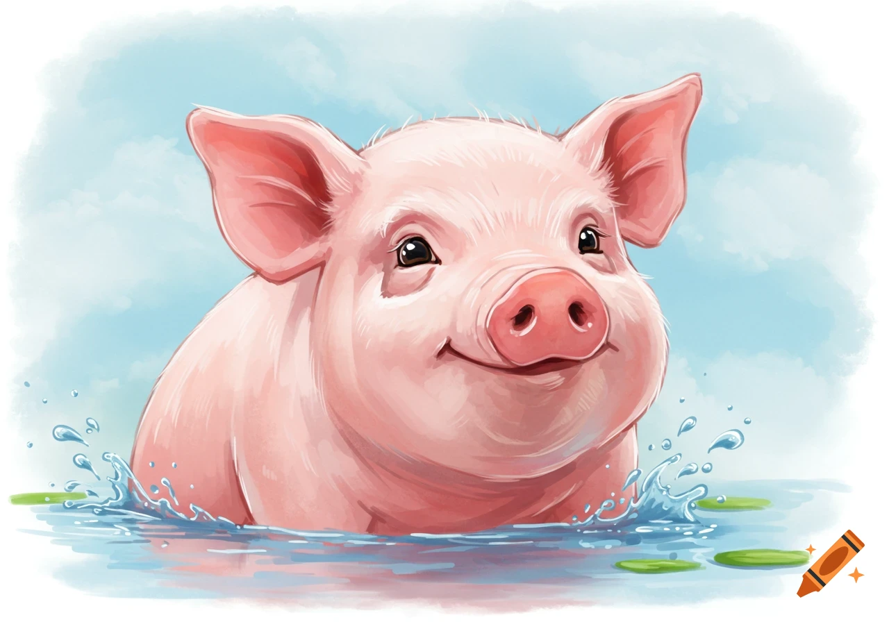 Watercolor illustration of a smiling pig in water with splashes.