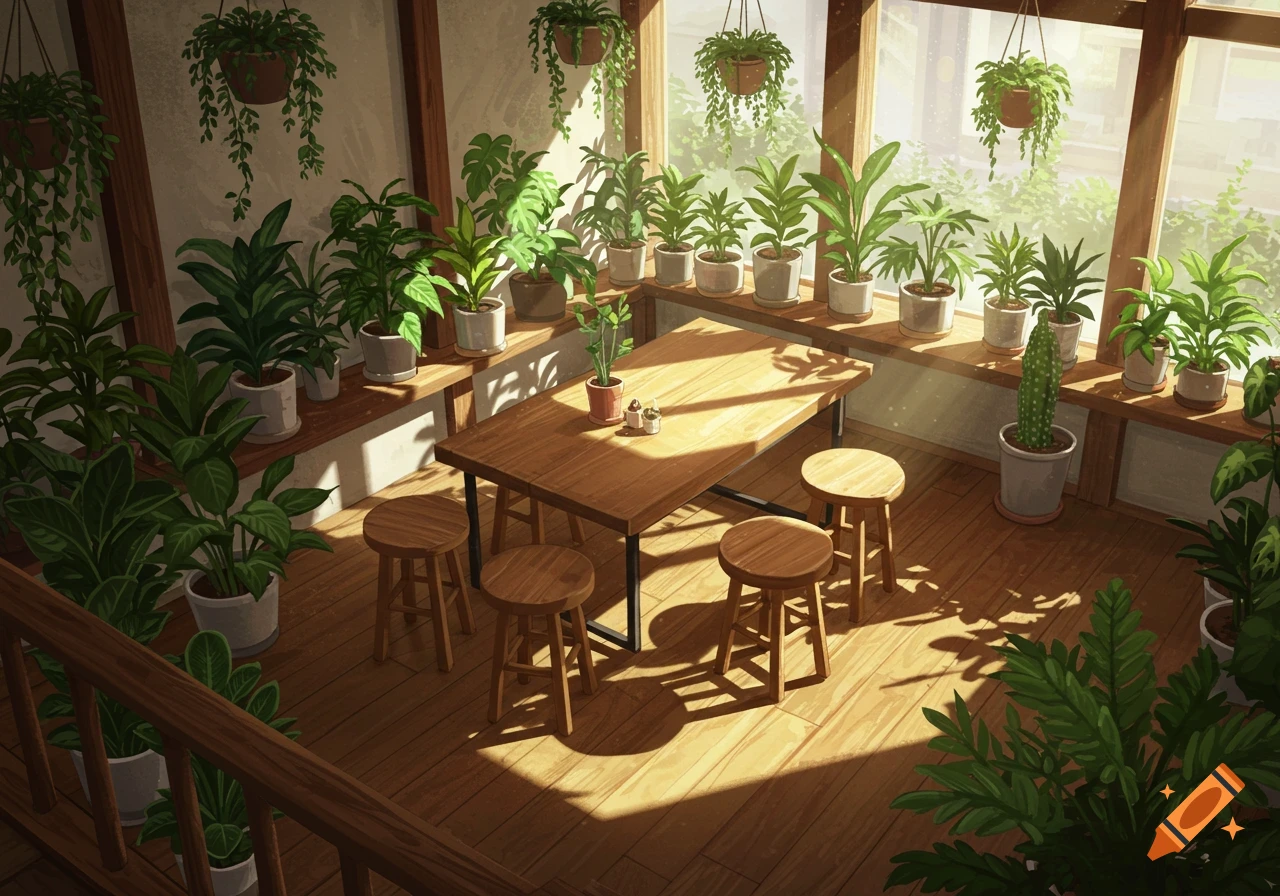 An illustration of a sunlit cafe interior filled with many potted plants, a wooden table, and stools.