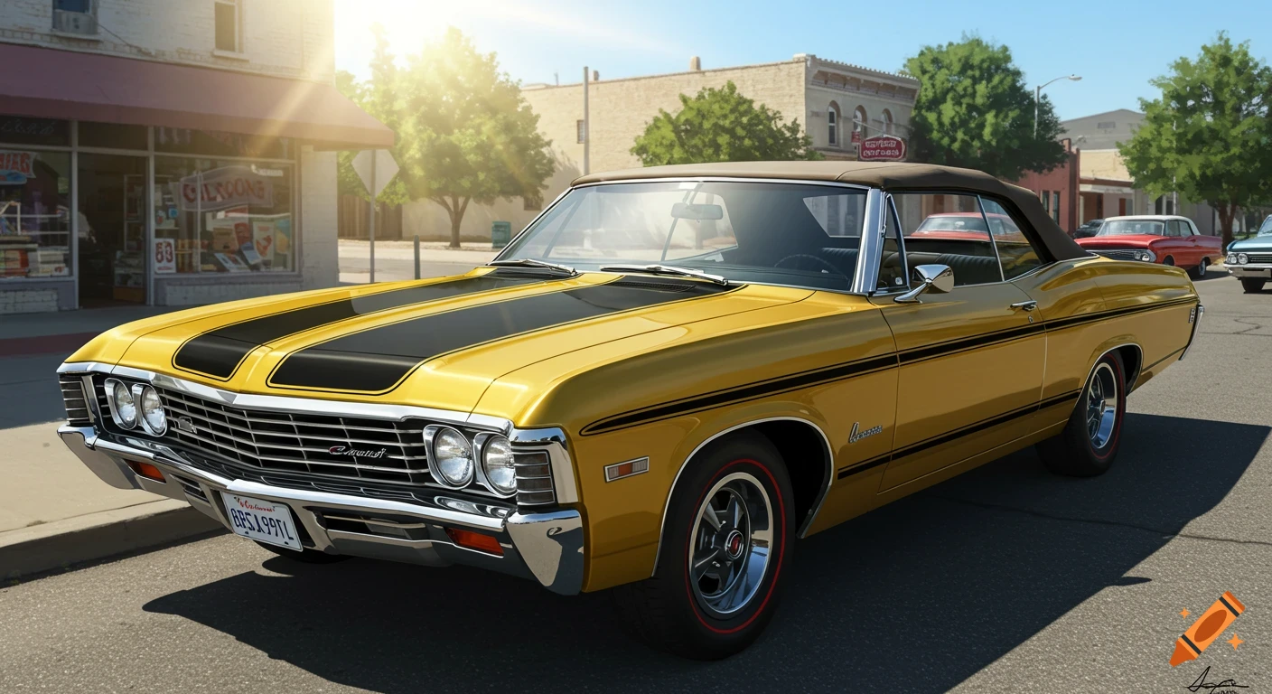 A yellow 1968 Impala convertible with black racing stripes parked on a street in a small town.