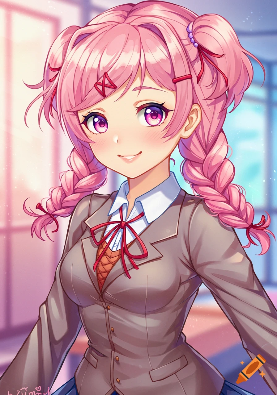 Anime portrait of a girl with pink hair in pigtails wearing a school ...