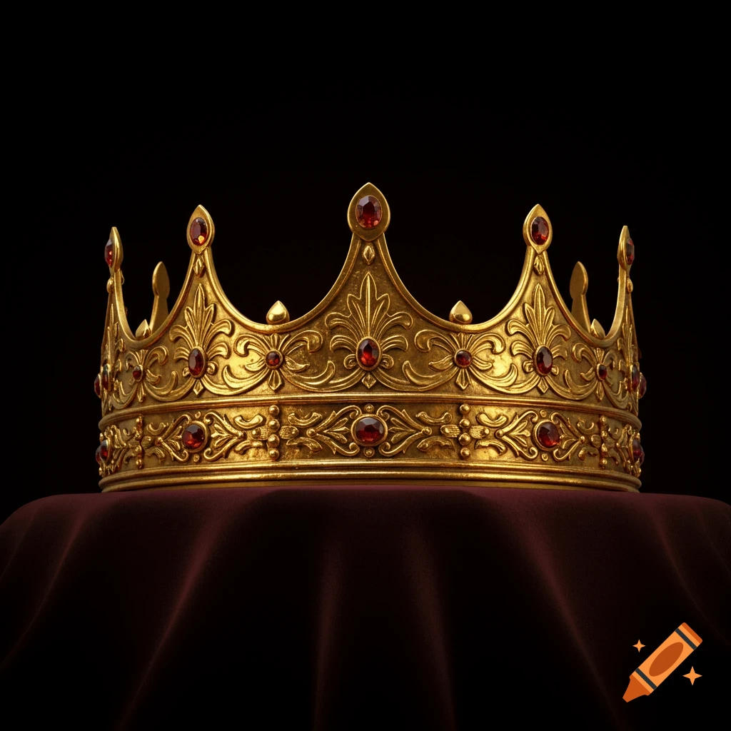Detailed golden crown with red jewels on a dark cloth.