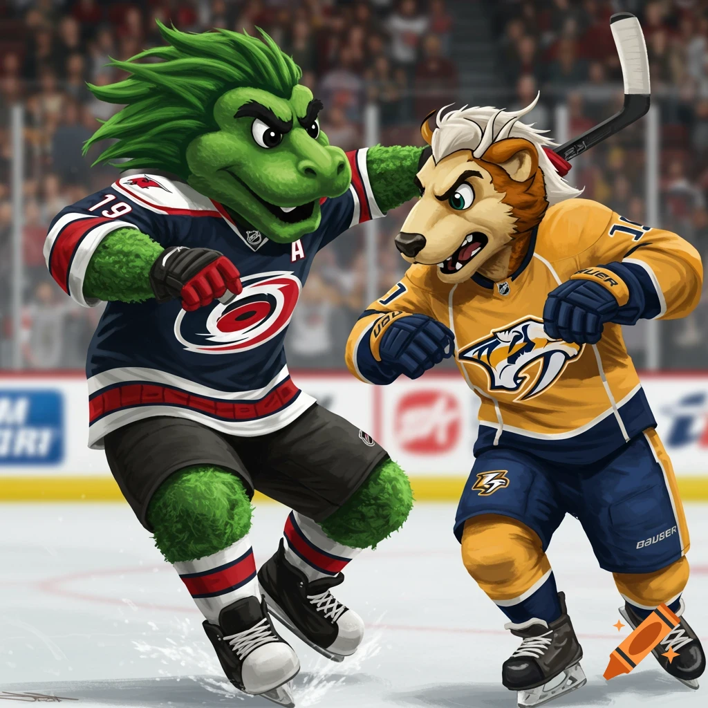 Two cartoon hockey mascots, a green creature and a yellow badger, skating in jerseys on an ice rink.