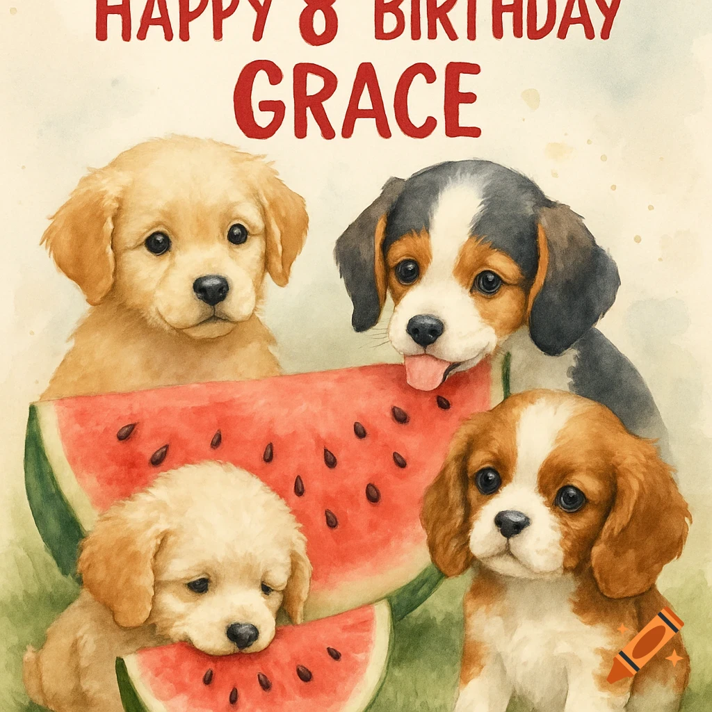 Watercolor illustration of four puppies with watermelon and text 'Happy 8 Birthday Grace'.