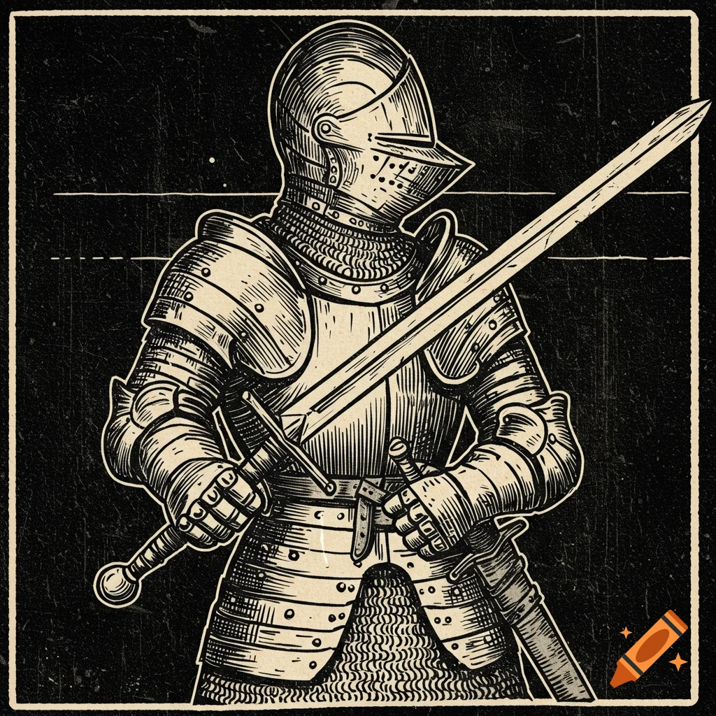 Woodcut illustration of a knight in armor holding a sword.