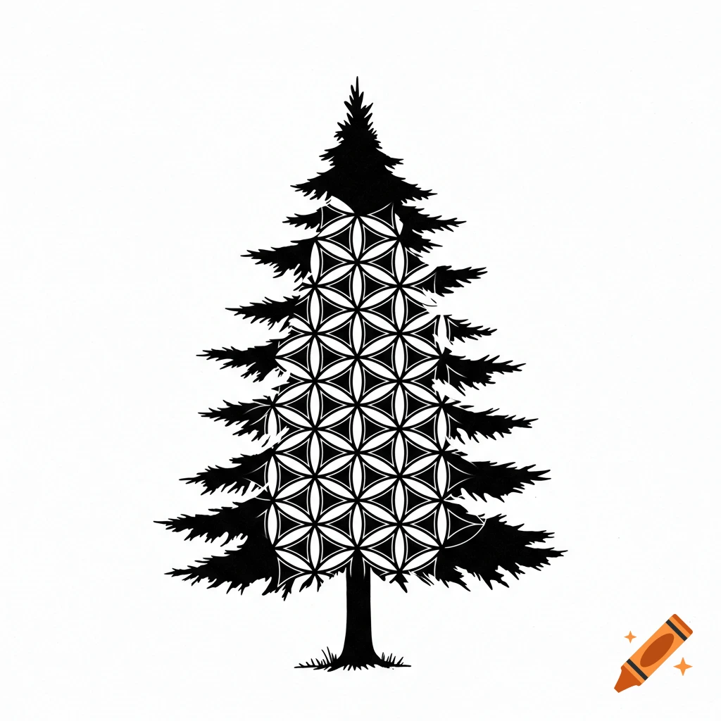 A black and white illustration of an evergreen tree filled with the Flower of Life pattern