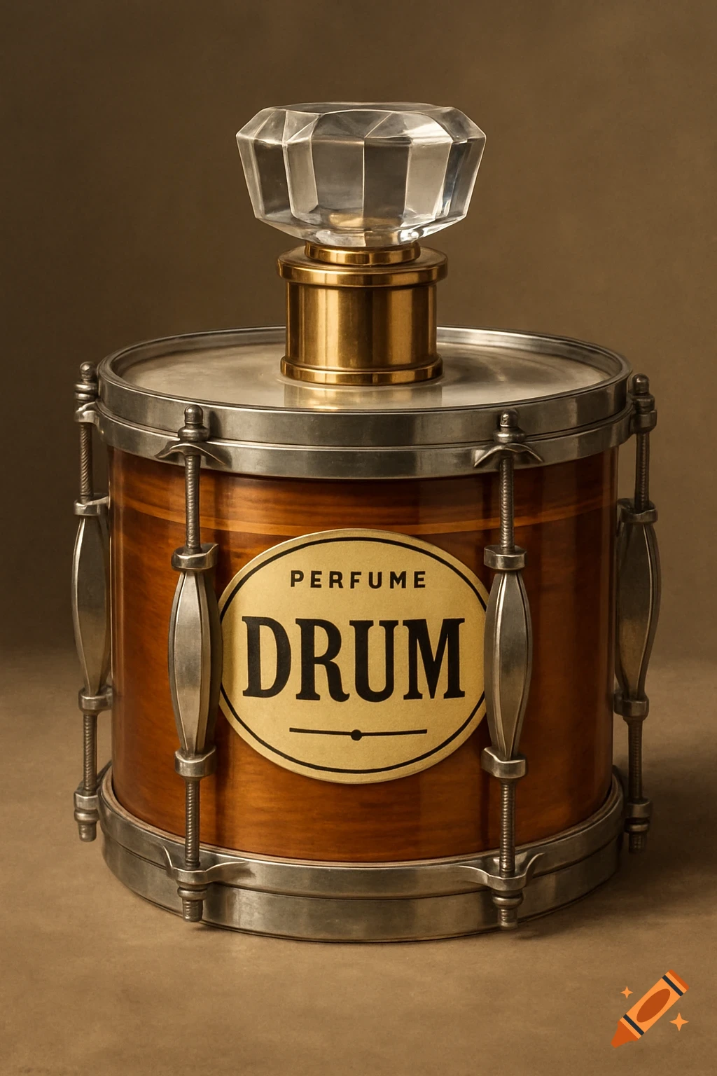 A photorealistic image of a perfume bottle designed to look like a snare drum with a 'PERFUME DRUM' label.