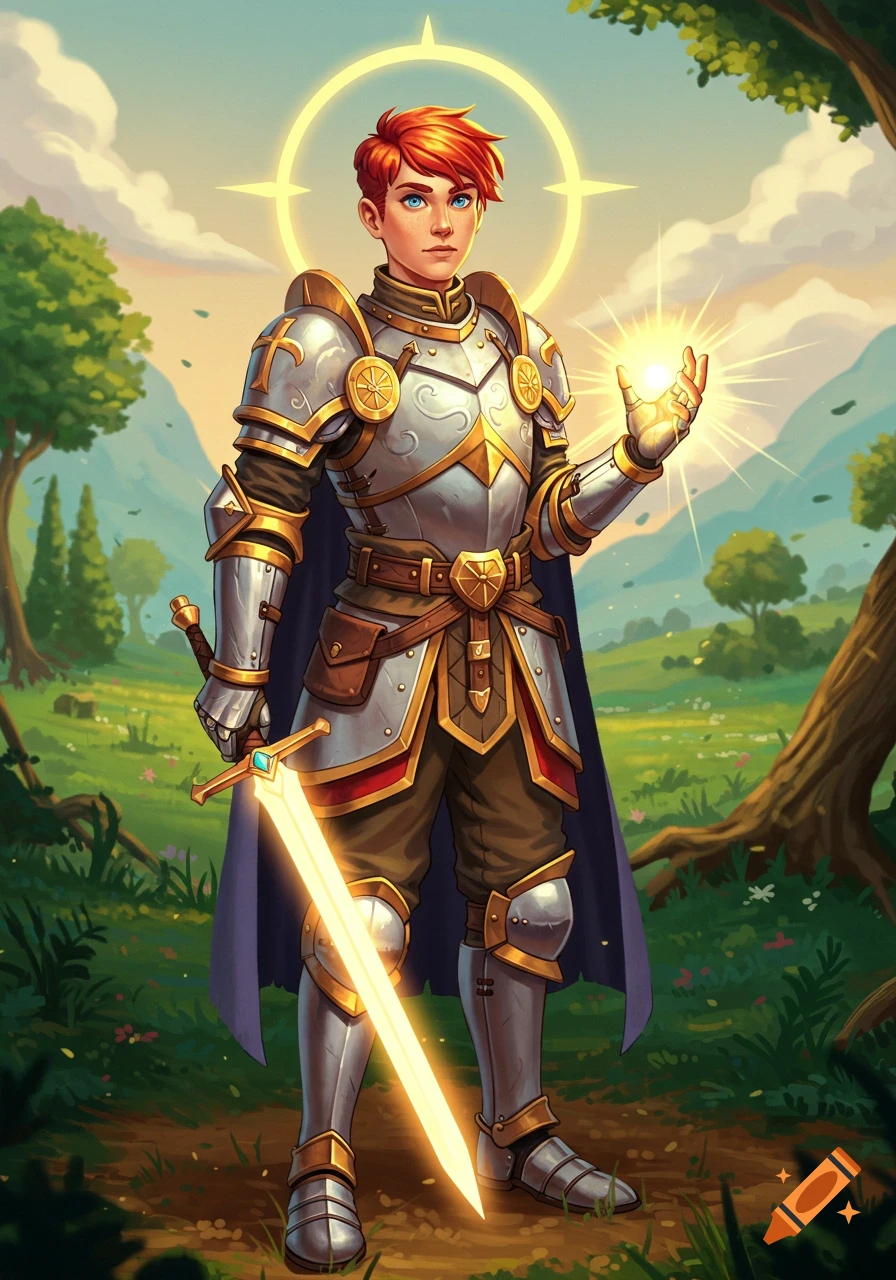 A human paladin in ornate silver and gold armor stands in a grassy field, holding a glowing sword and orb.