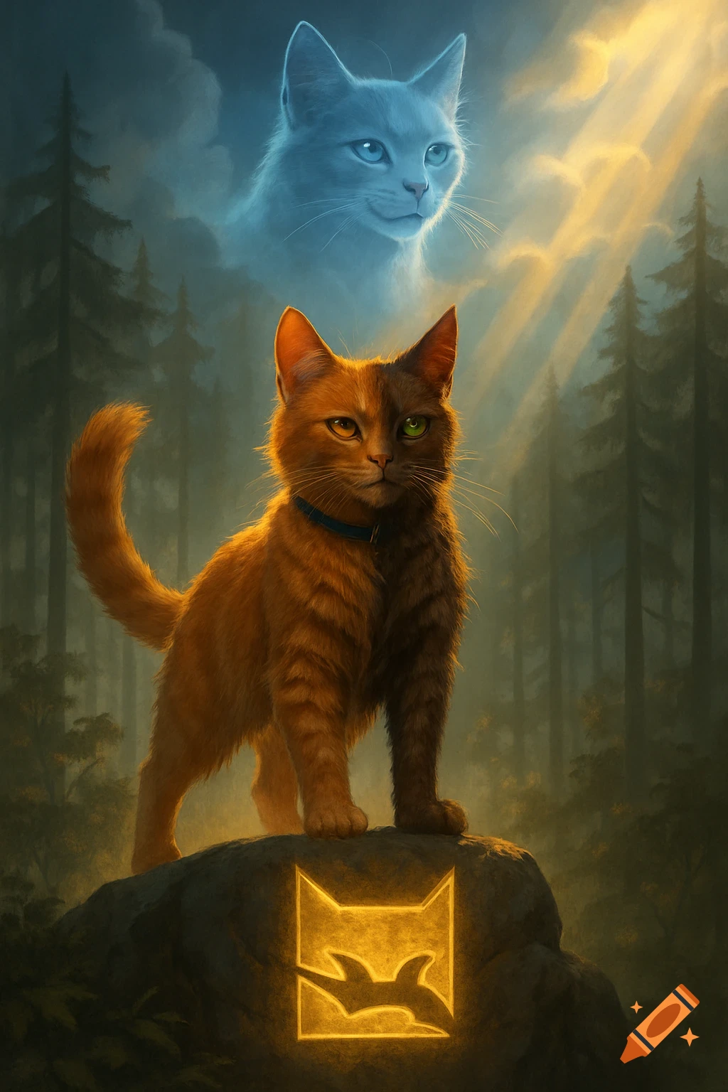 Digital painting of an orange cat split into a housecat and warrior, on a rock with a glowing symbol, with a blue cat spirit above in a forest.