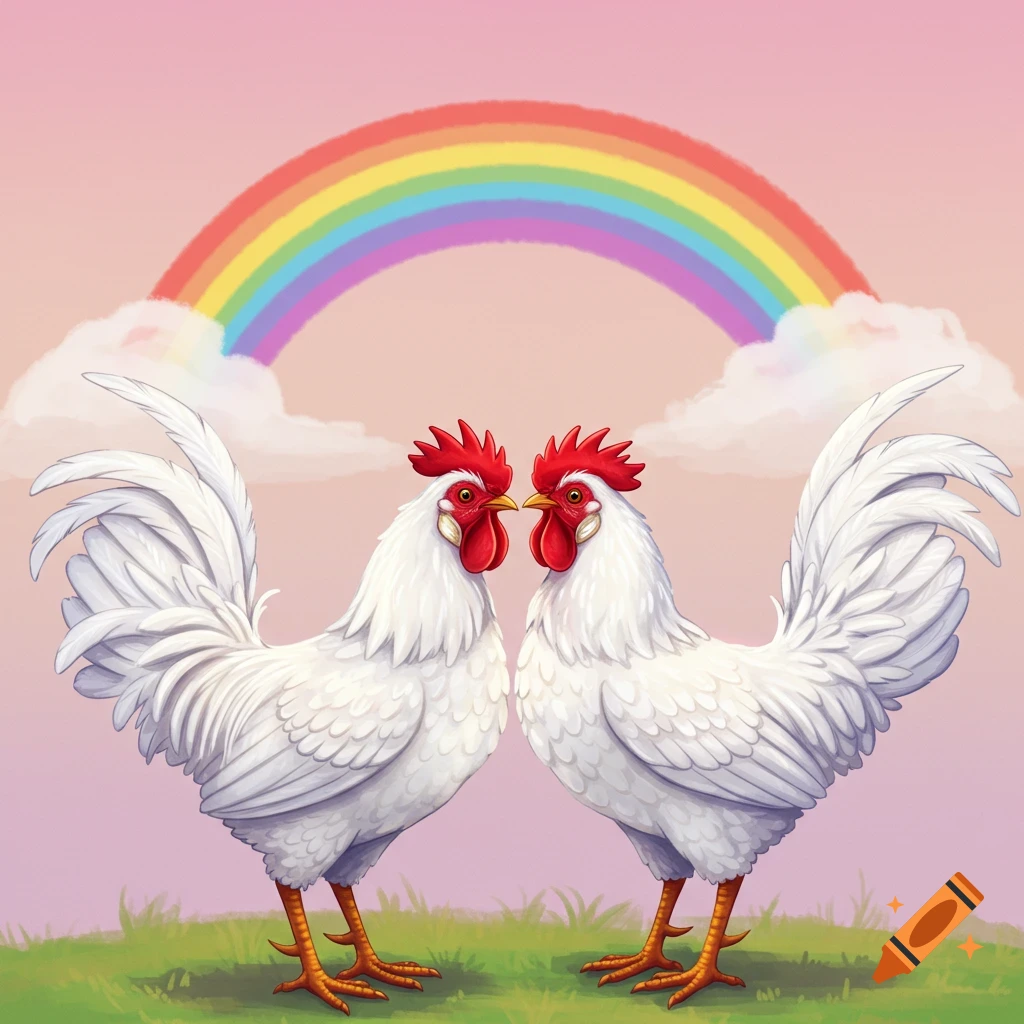 Two white roosters under a rainbow, illustration