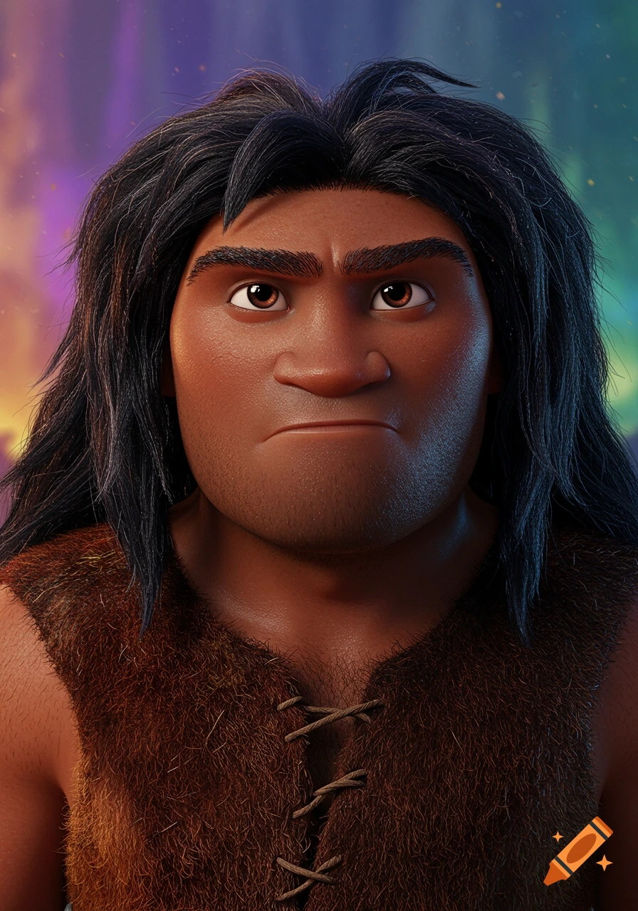 Close-up portrait of a character resembling Grug from The Croods in 3D rendering style.