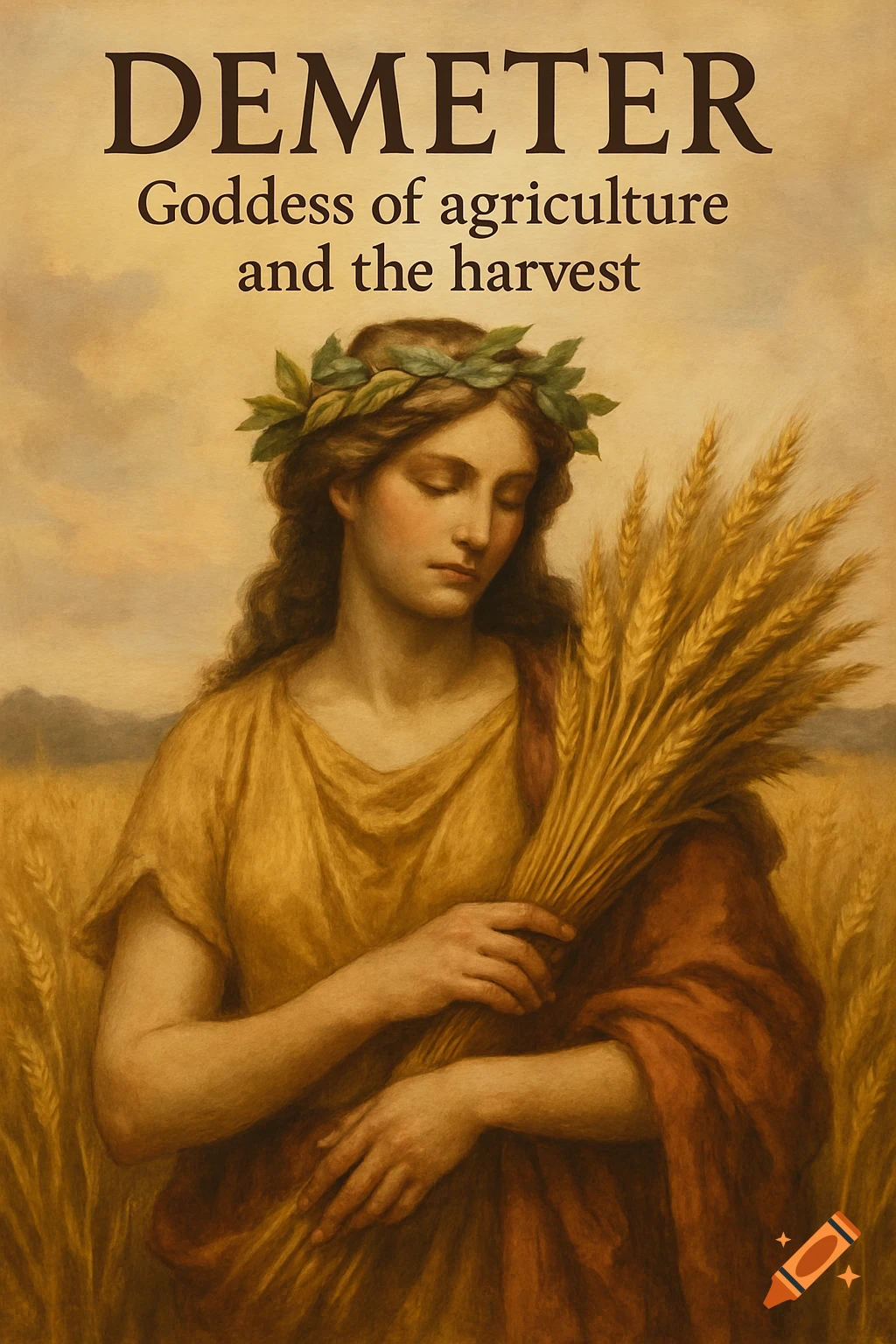 A painting of the goddess Demeter holding wheat in a field.