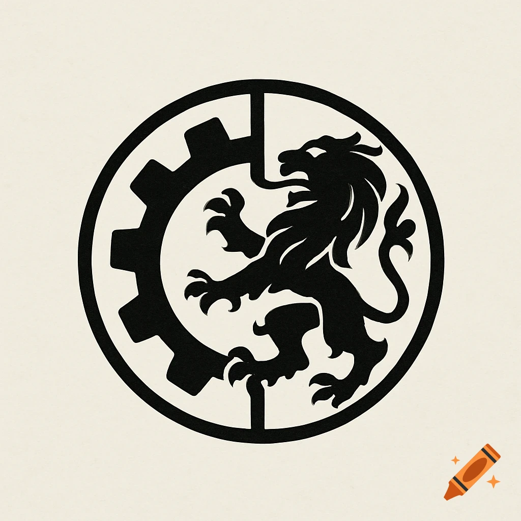 Black circular logo with half a cog and a lion rampant.