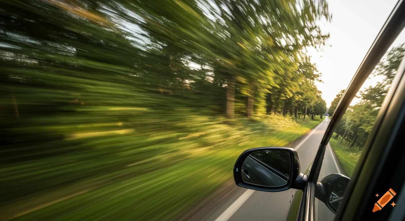 View from a car window showing motion-blurred green trees and a road during the day.