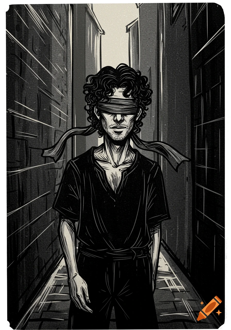 A blindfolded man stands in a dark alley, rendered in a black and white linocut style.