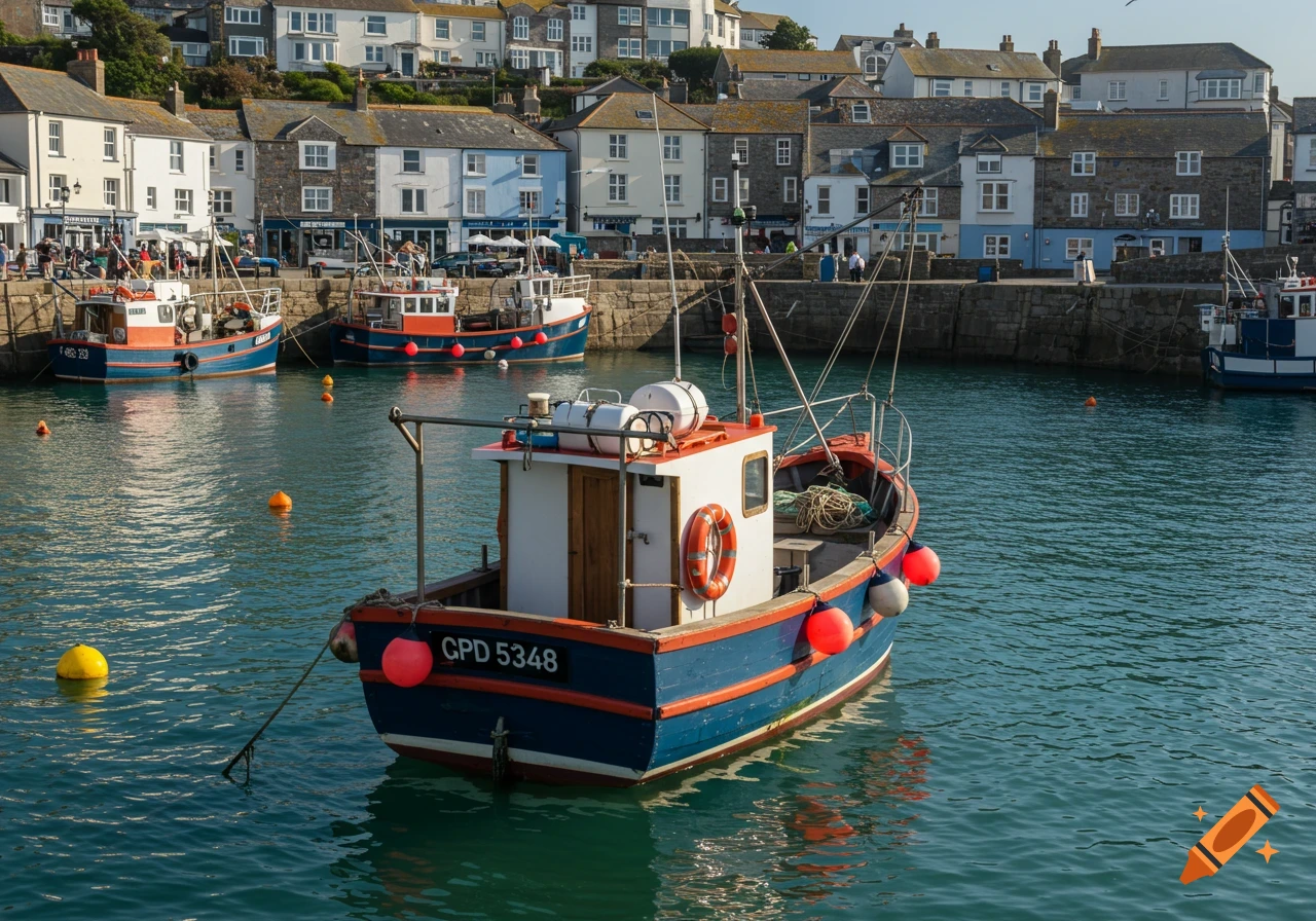 A fishing boat floats in a harbor with houses on a hillside in the background.