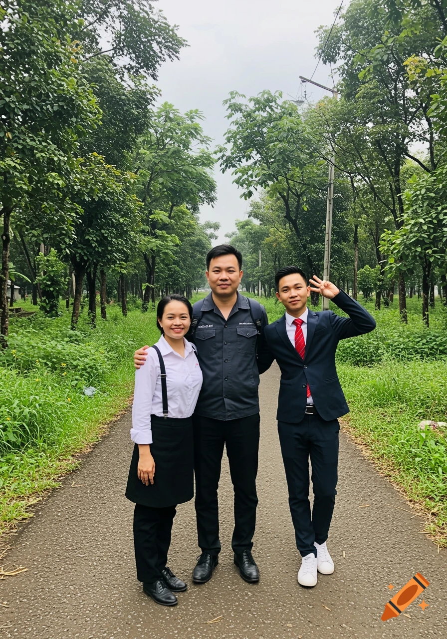 Three people, a woman and two men, stand on a paved path lined with trees.