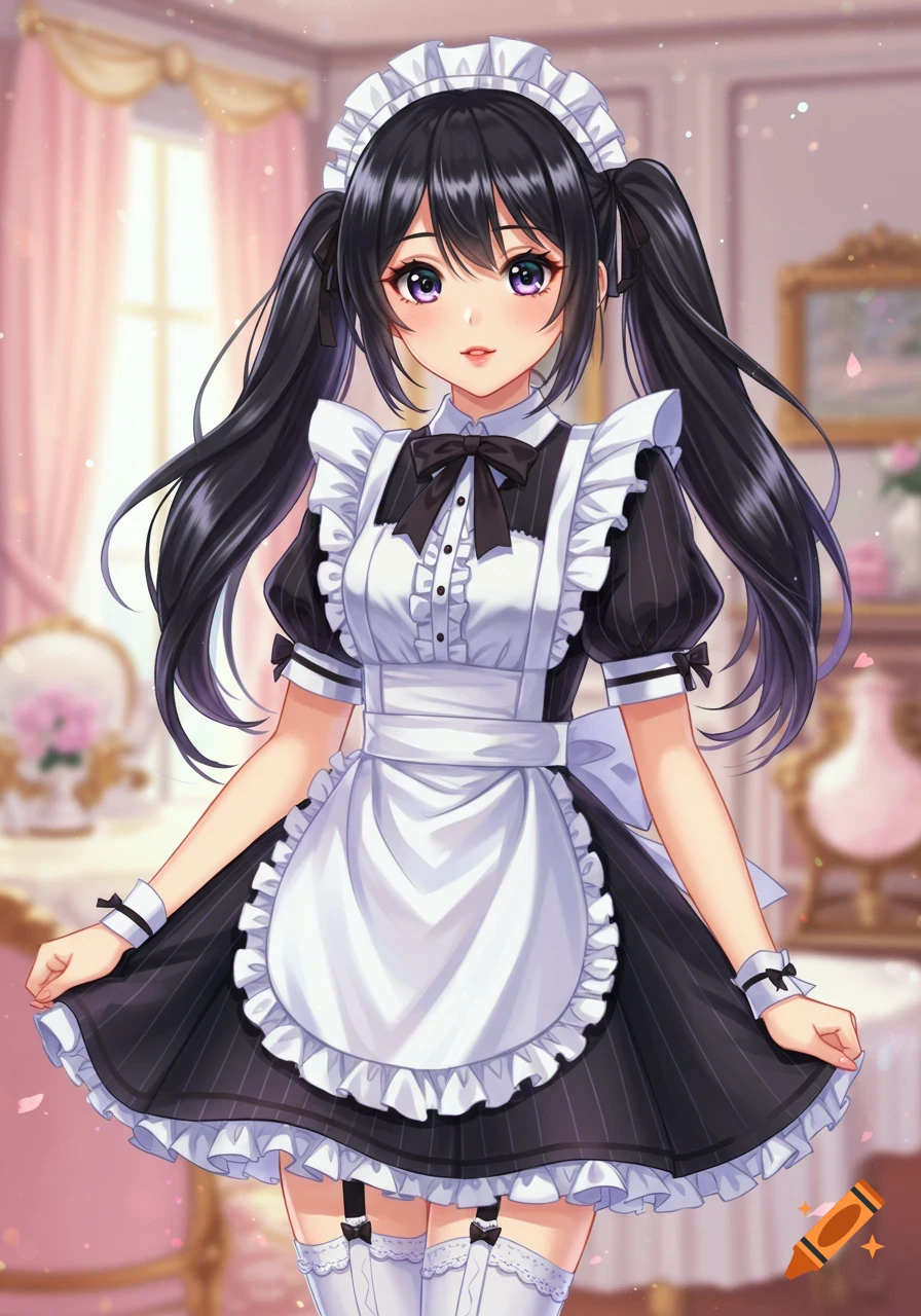 Anime girl in a black and white maid outfit standing in a room