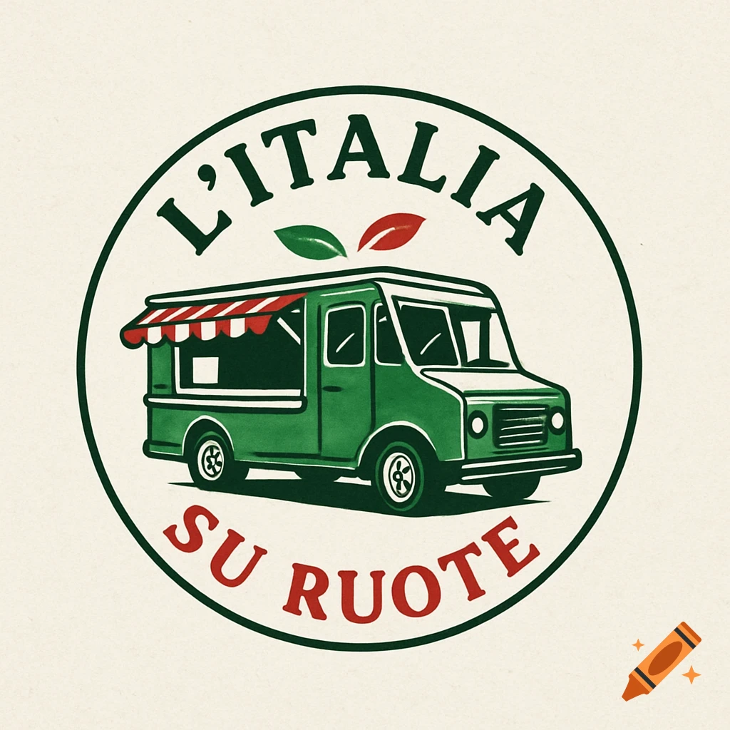 Circular logo for an Italian food truck, featuring a green truck with a striped awning and the text "L'Italia su ruote" around it.