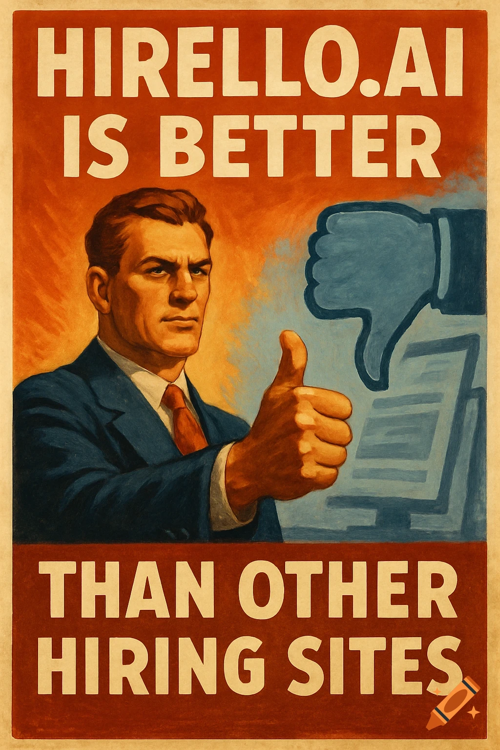 Vintage propaganda-style poster for Hirello.ai featuring a man giving thumbs-up and text stating it's better than other hiring sites.