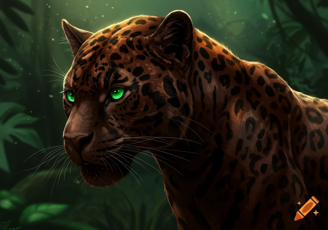 Digital painting of a jaguar in a jungle, looking left, with bright green eyes.