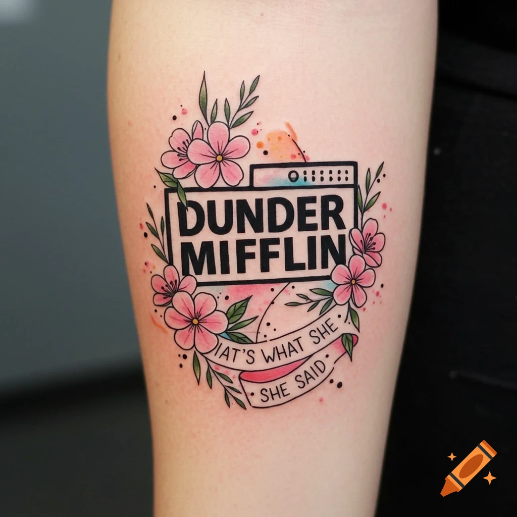 Watercolor-style tattoo of Dunder Mifflin logo, flowers, and "That's what she said" on an arm.