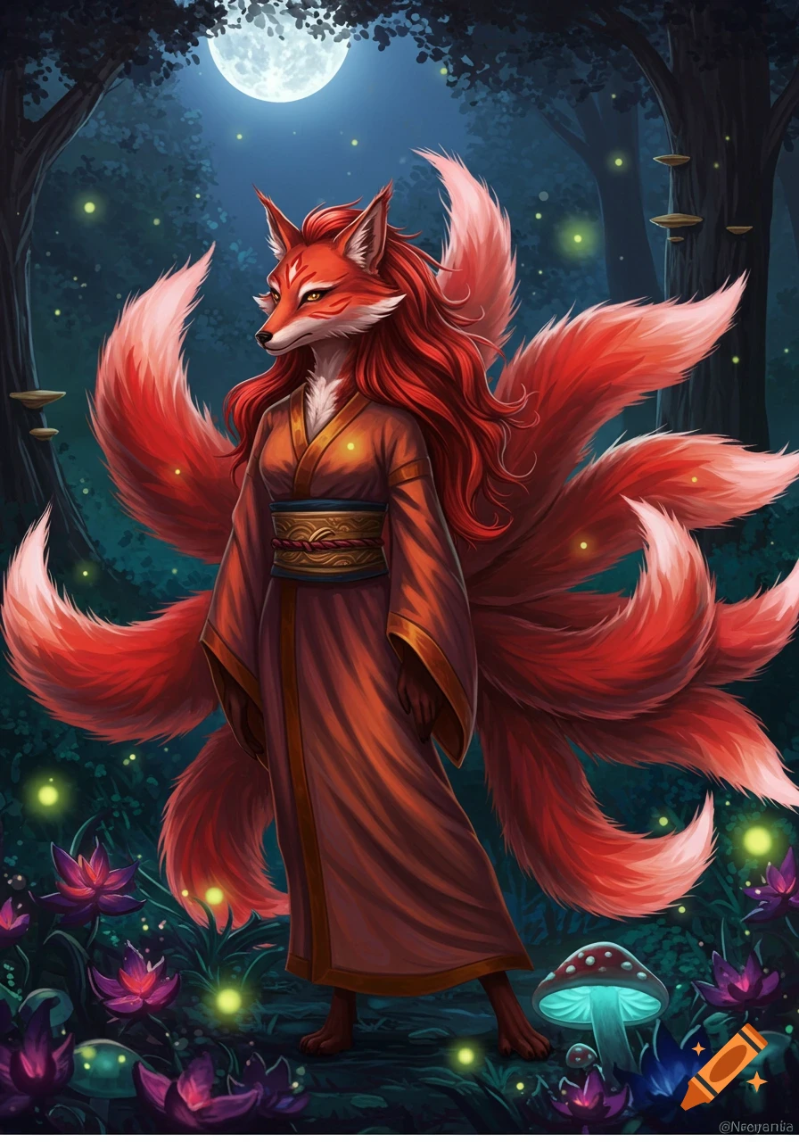 A nine-tailed kitsune in a kimono stands in a forest under the moon, surrounded by glowing plants and fireflies.
