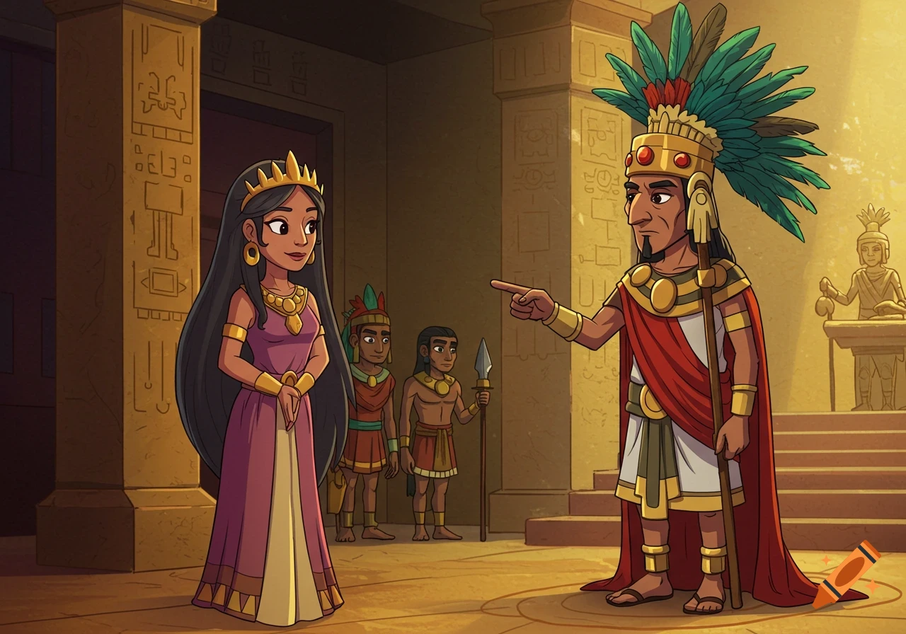 Cartoon Aztec princess and emperor in a palace. on Craiyon
