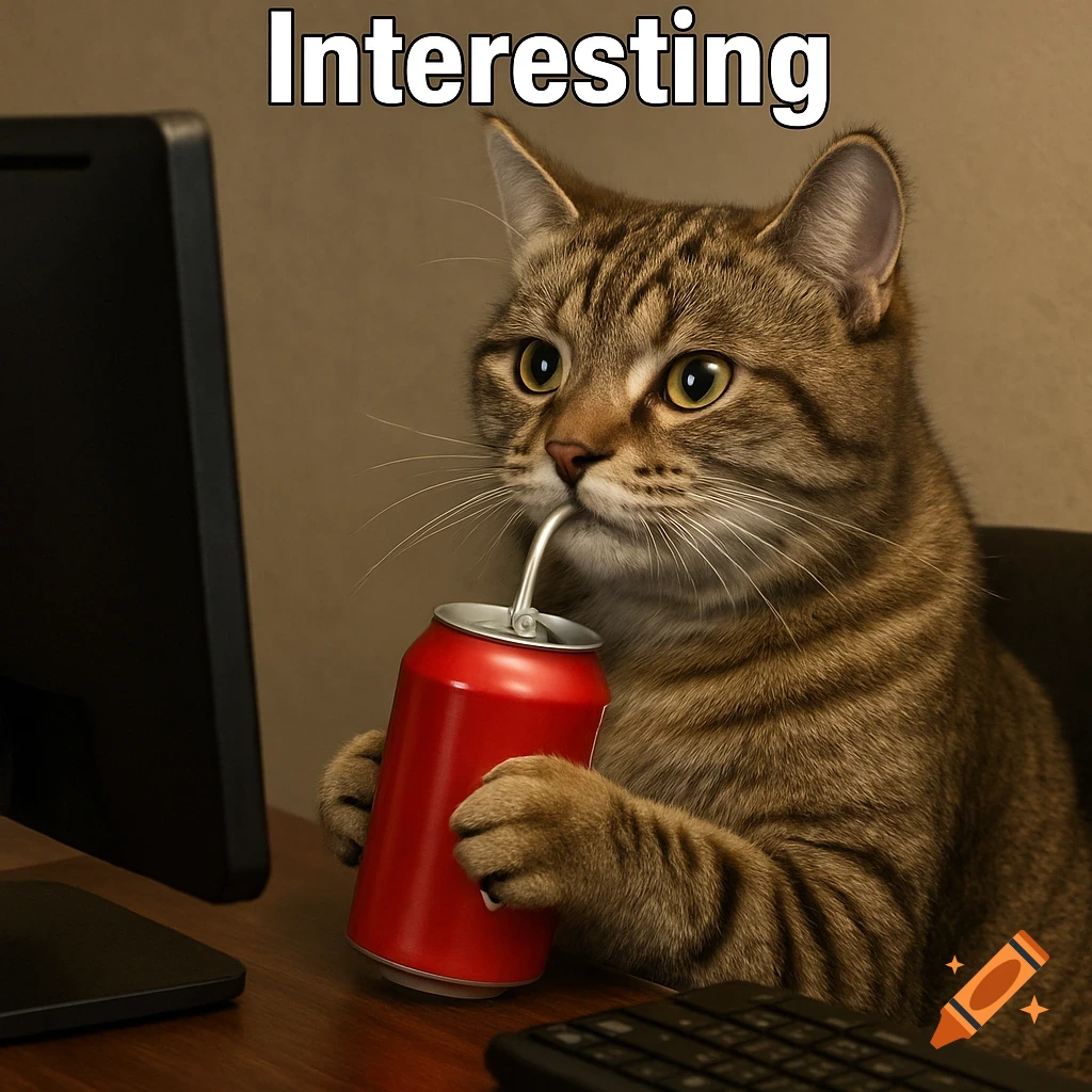 A cat sits at a desk drinking soda from a can with 'Interesting' text above