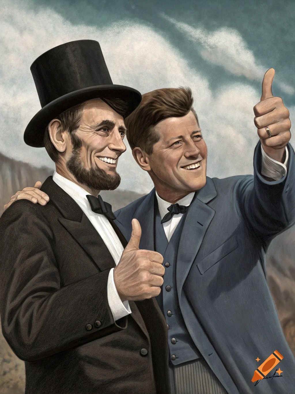 Abraham Lincoln and JFK smiling and giving thumbs up, illustration style.