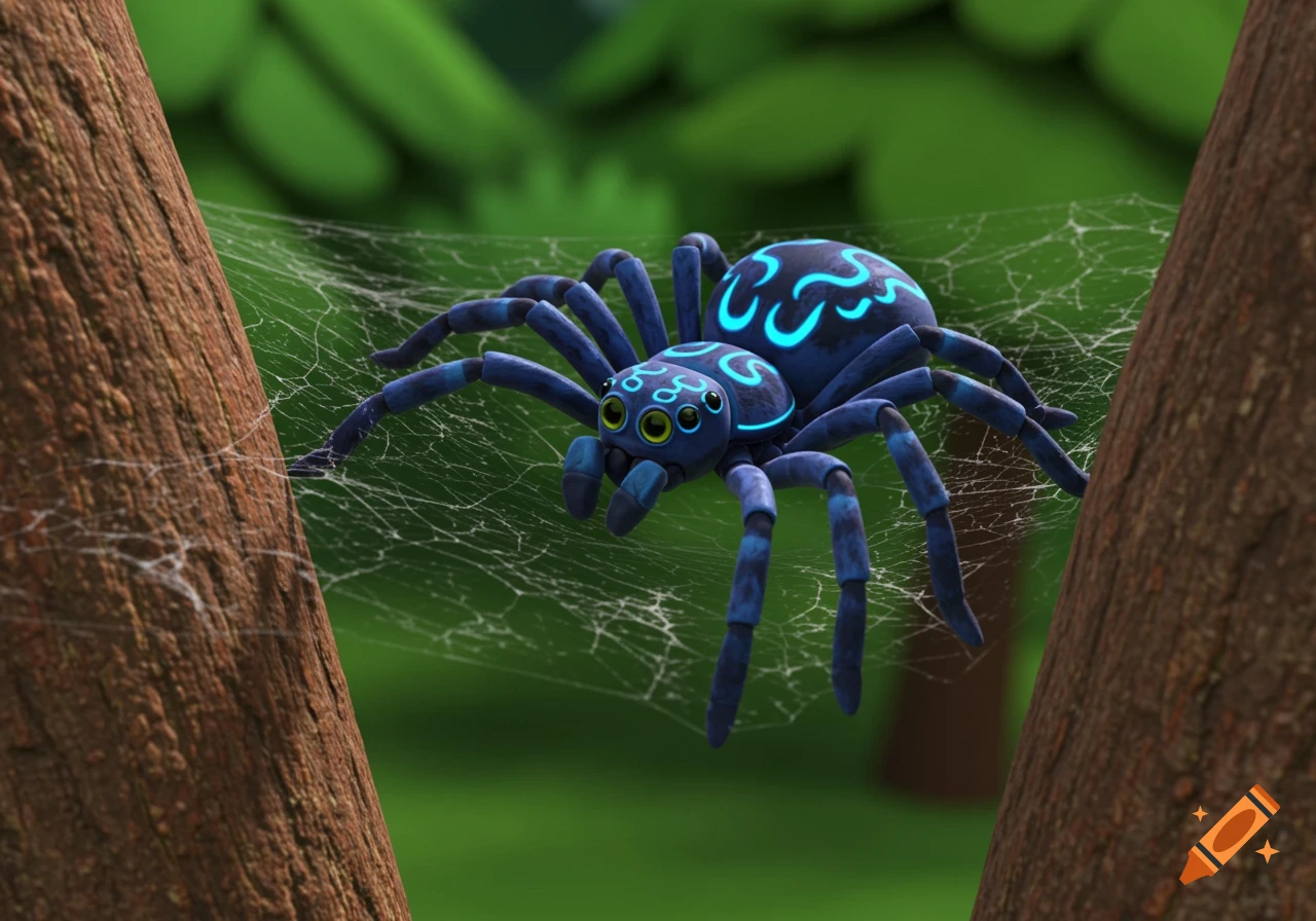 A cartoon blue spider with glowing markings on a web between trees in a forest.