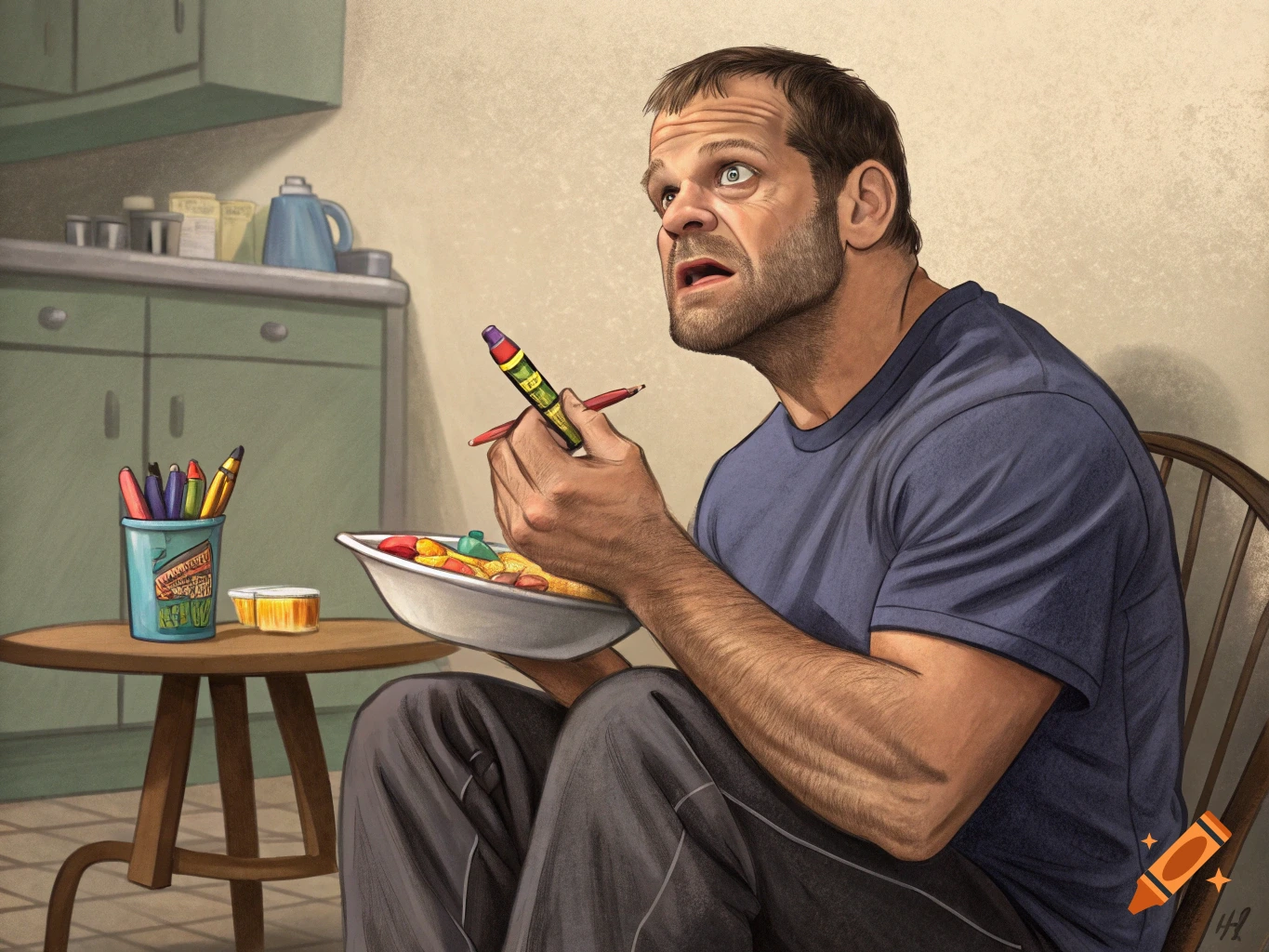 Illustration of a man with a surprised expression eating crayons from a bowl in a room.