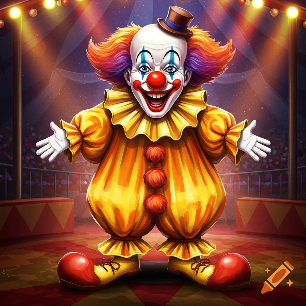 A cartoon-style clown with bright makeup and a yellow ruffled suit stands in a circus tent.