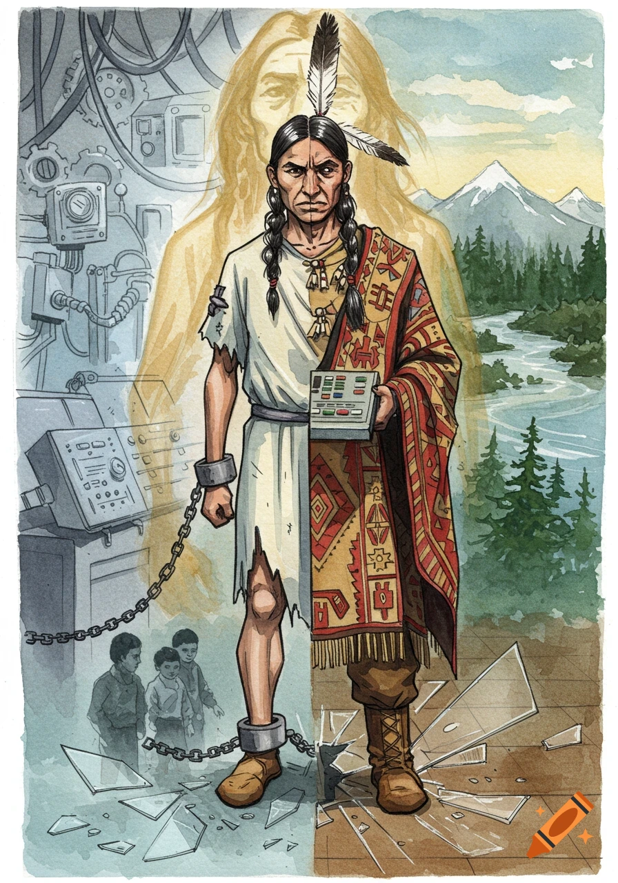 Illustration of a Native American figure split between industrial and traditional sides, with symbolic backgrounds and a ghost figure.