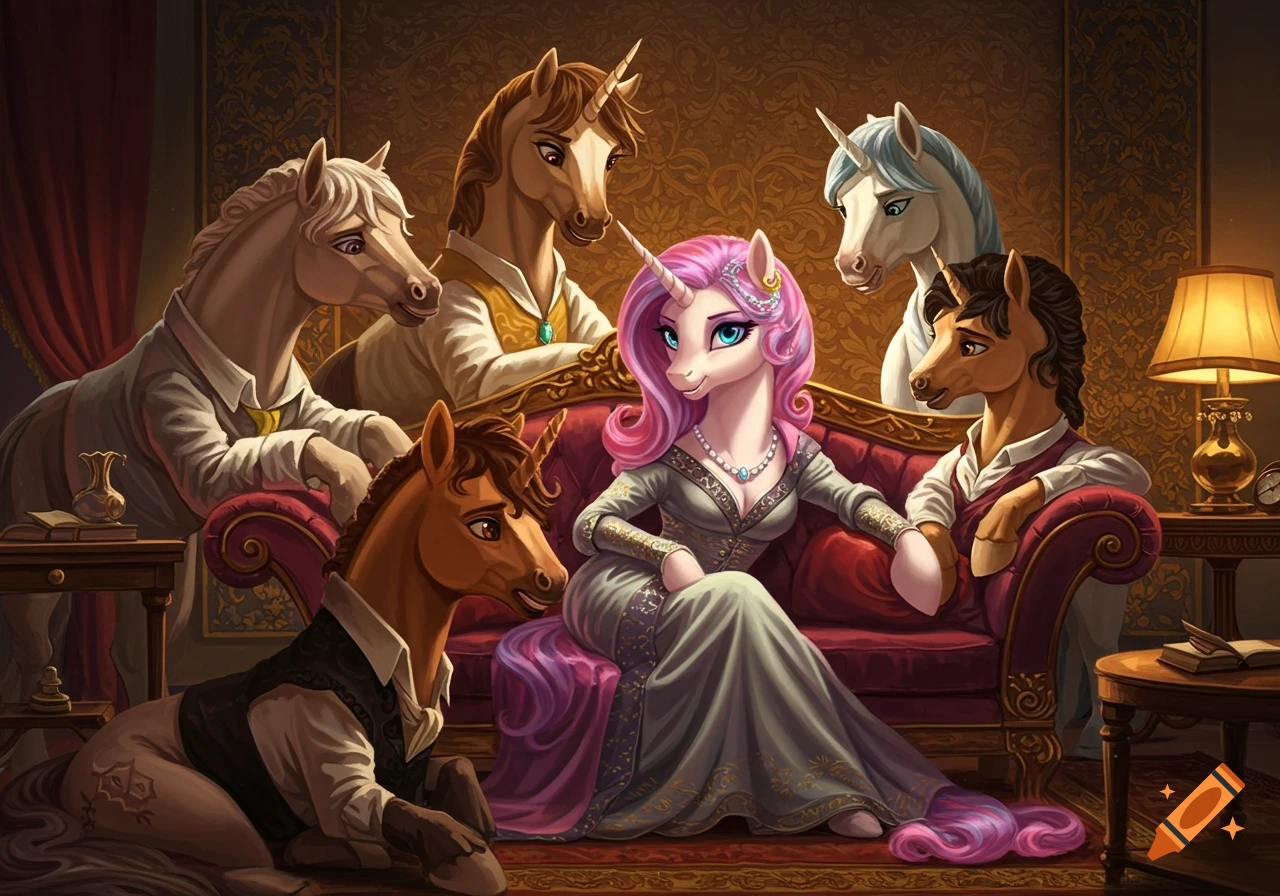 Five anthropomorphic stallions and one mare in formal attire sit and stand around a couch in a richly decorated room.