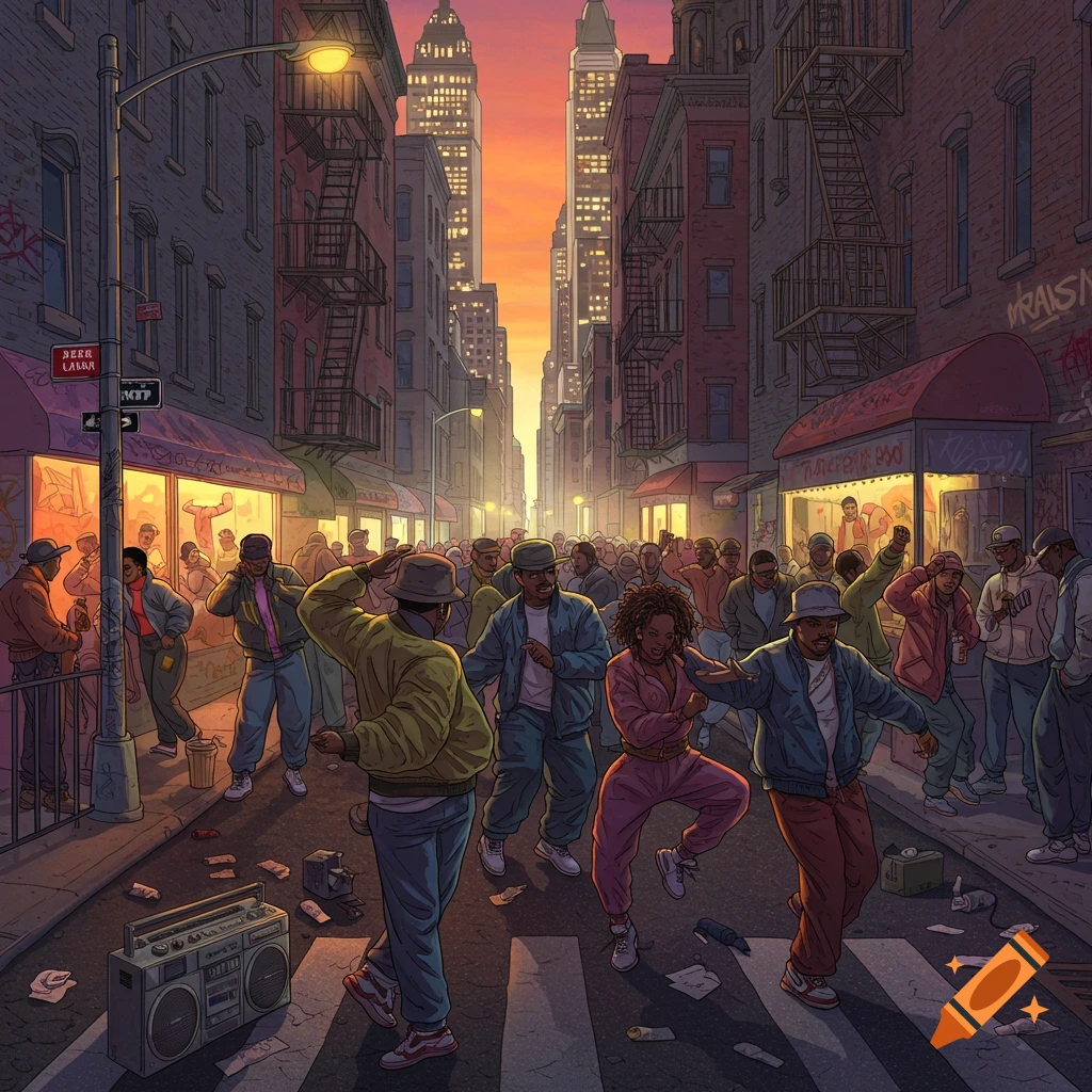 Illustrative scene of people dancing in a New York City street at sunset