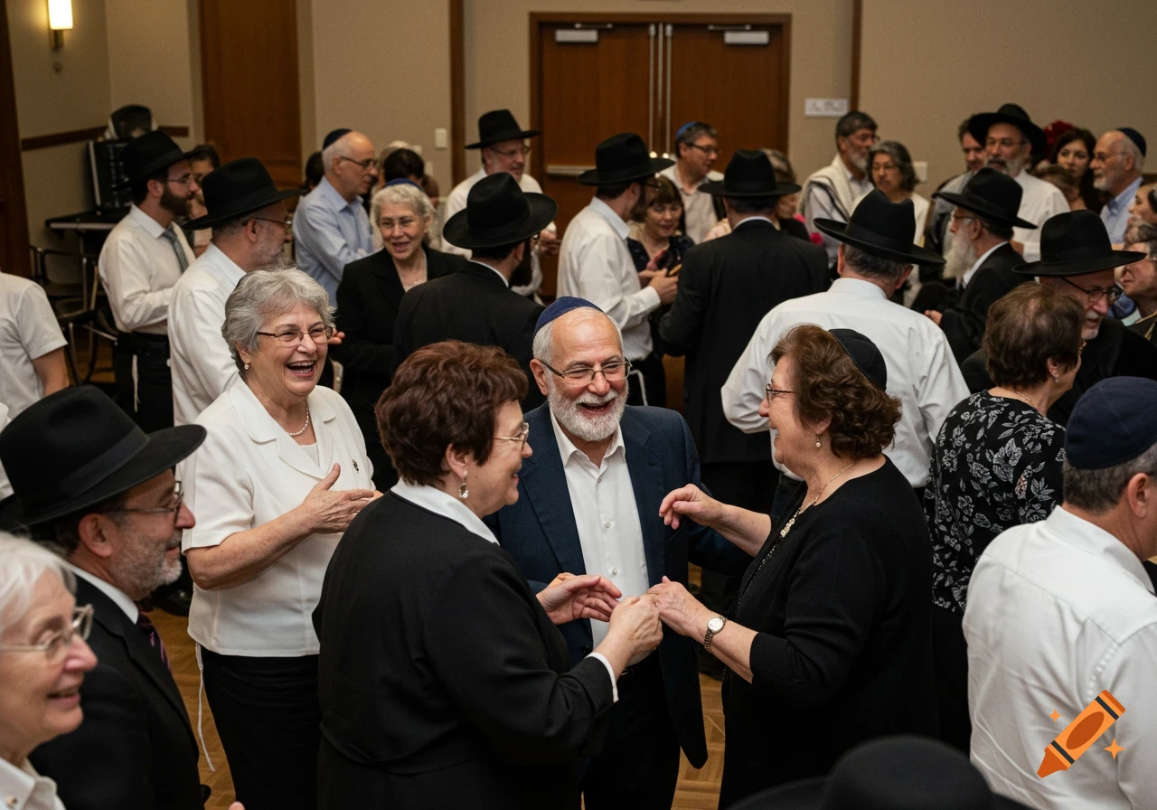 Group of Jewish older adults laughing and socializing at an indoor event.