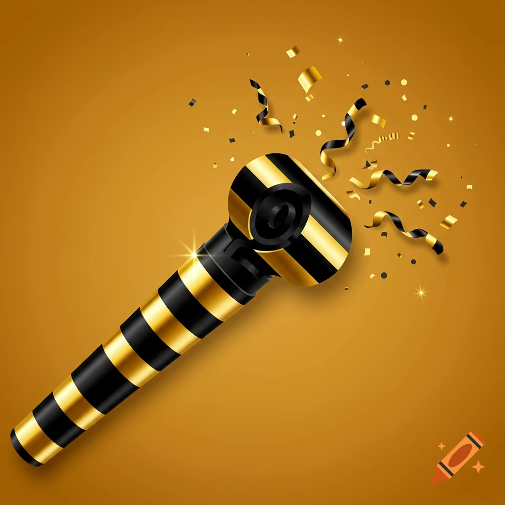 Graphic illustration of a black and gold striped party blower with confetti and streamers.