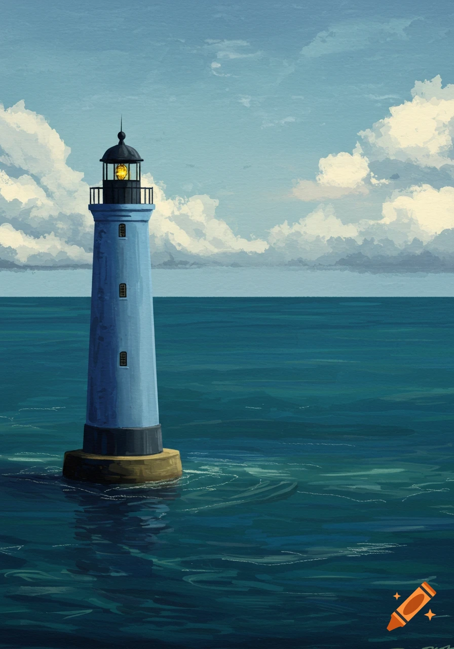 Blue lighthouse standing in the sea under a cloudy sky, painted style.