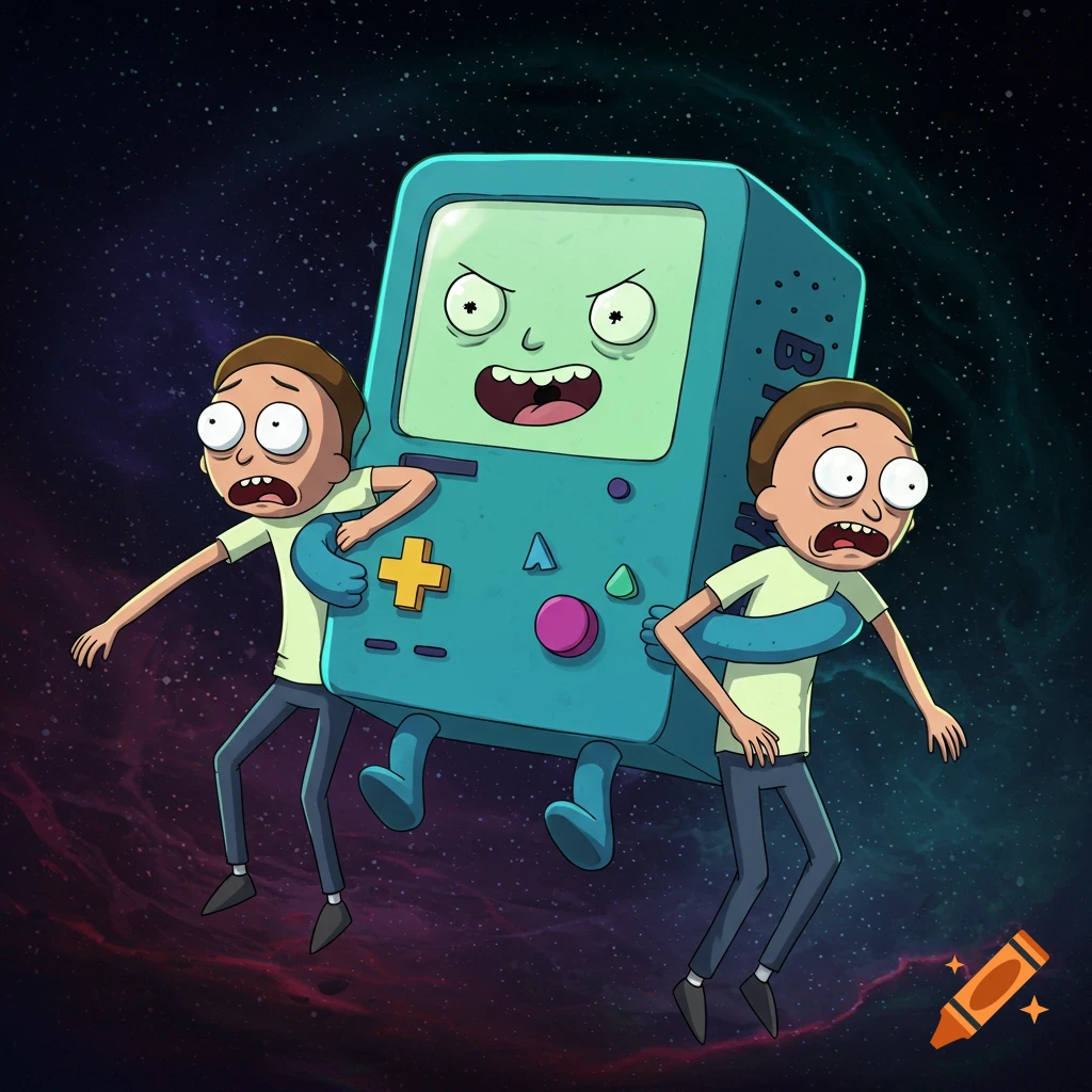 BMO from Adventure Time holding Rick and Morty in space in a cartoon style.