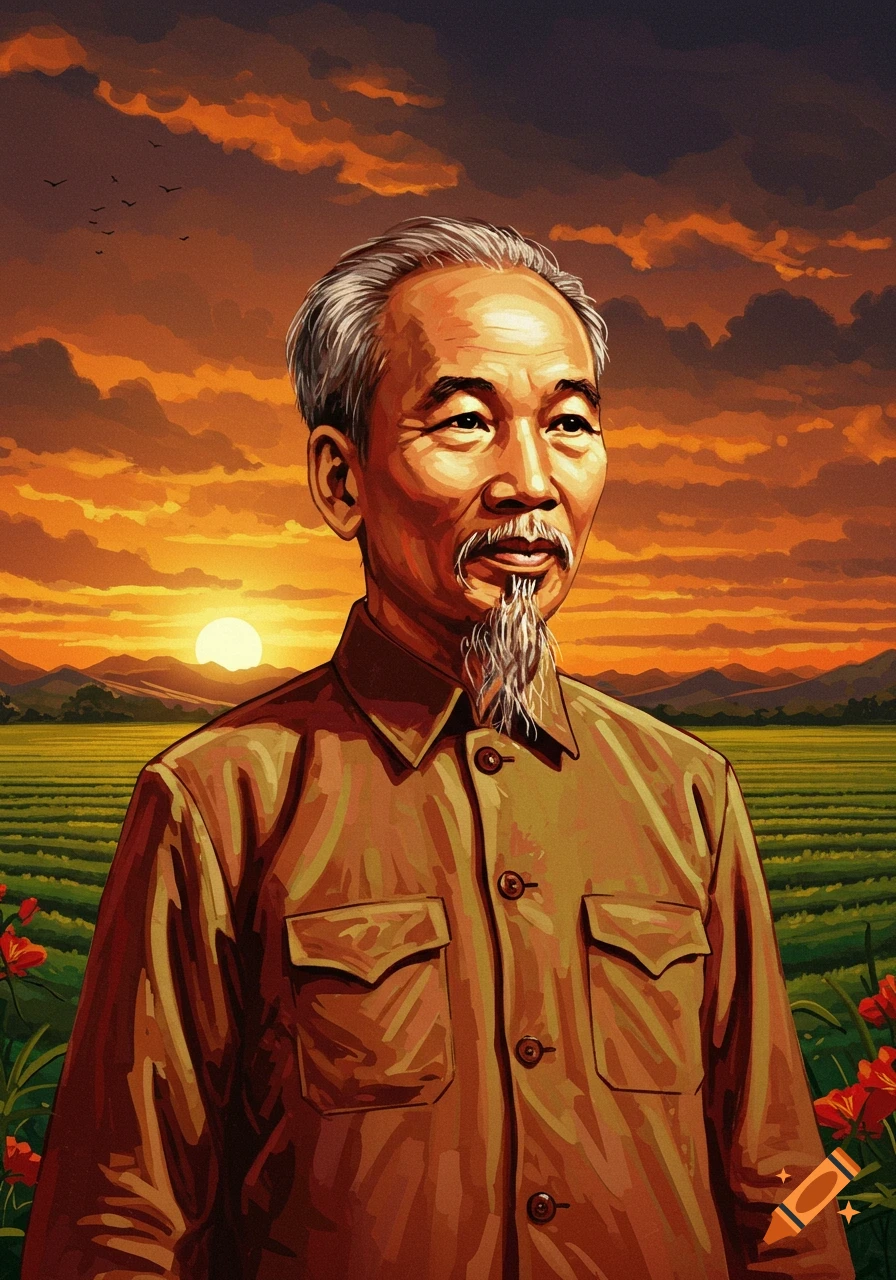 Painting of an older Asian man with a goatee in a brown shirt standing in a field at sunset.
