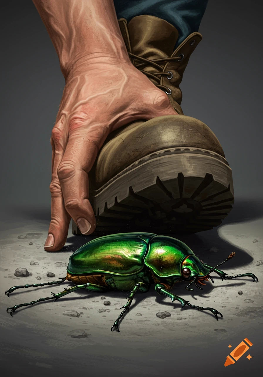 A large boot and hand are poised to crush a bright green beetle on the ground. Detailed art style.