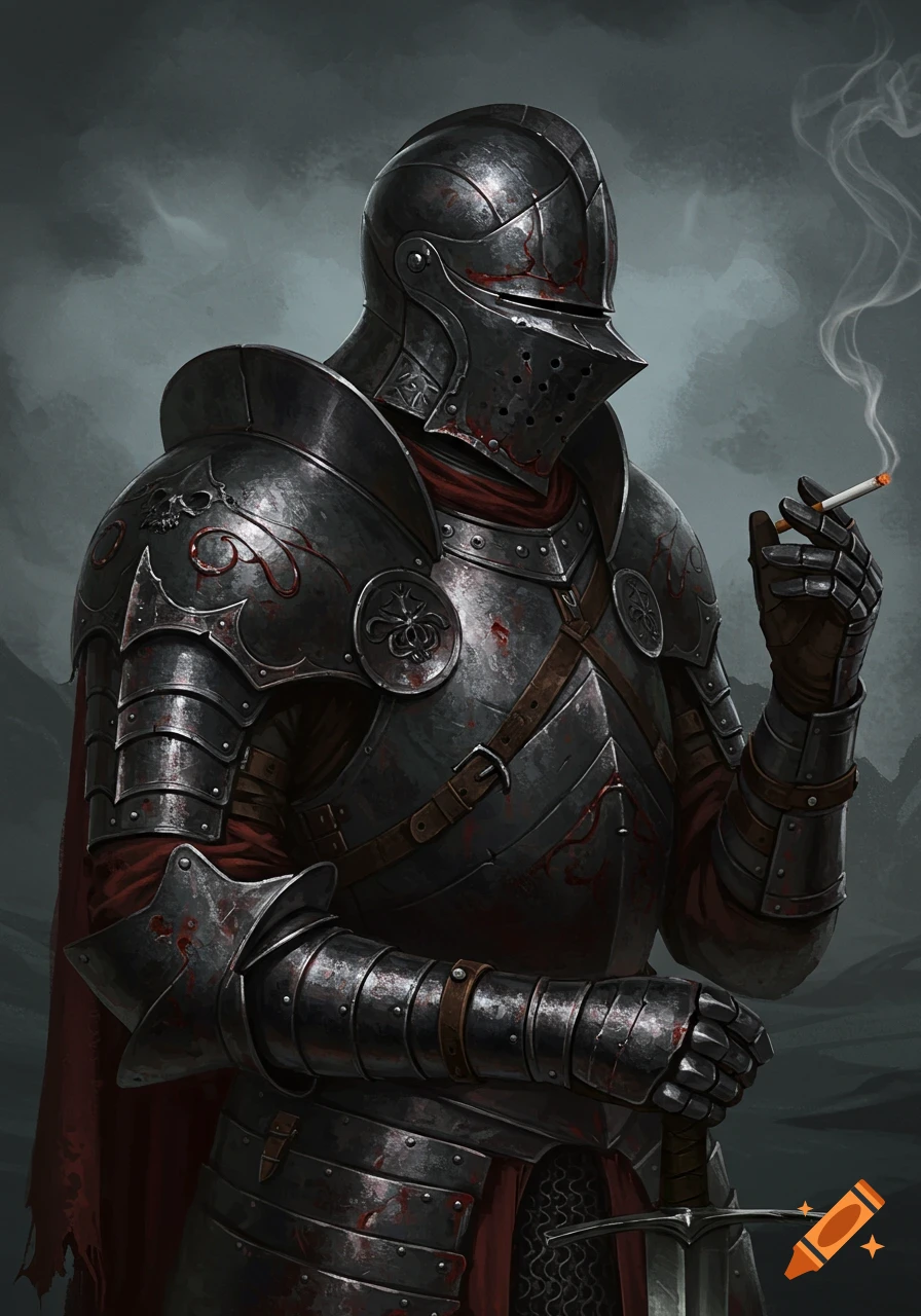 Dark fantasy illustration of a knight in bloodied armor smoking a cigarette