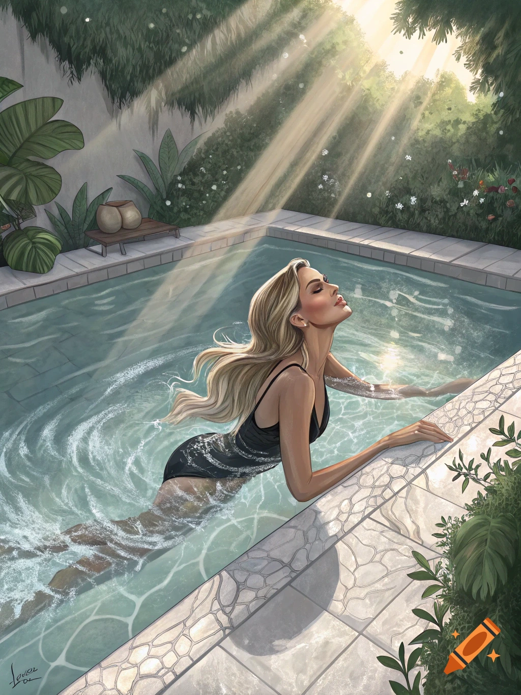 Digital painting of a woman swimming in a pool, face tilted up towards sunlight filtering through trees.
