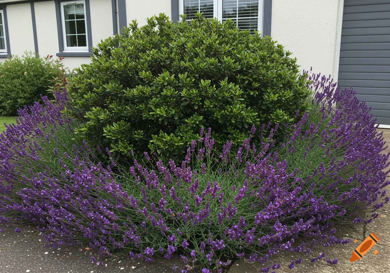 Purple lavender flowers and a large green bush in a garden.