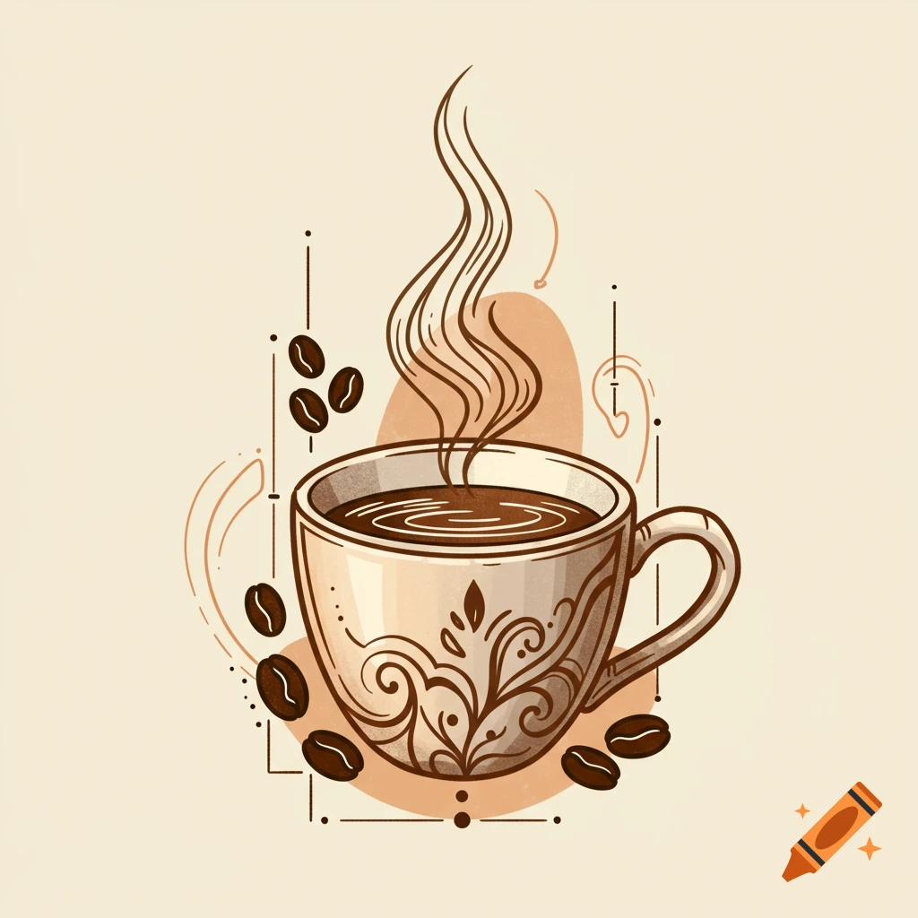 Stylized illustration of a steaming coffee cup with coffee beans and decorative elements.