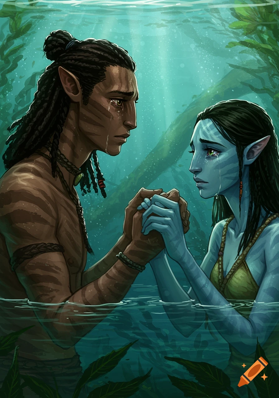 Illustration of Lo'ak and Tsireya from Avatar holding hands and crying underwater.