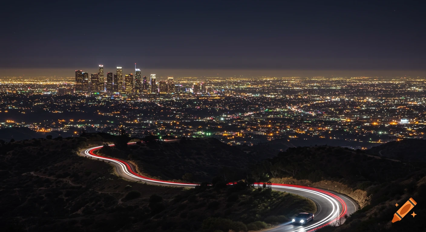 View of Los Angeles cityscape at night from Hollywood Hills road with car light trails